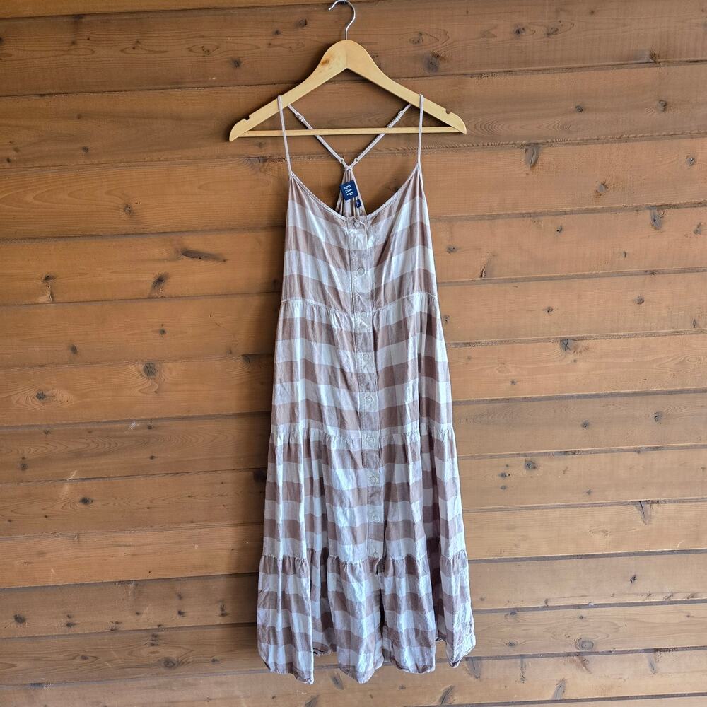 Gap Cami Dress Beige Gingham Linen Blend Button Down Beige Tank Top Boho Flowy - Picture 2 of 6